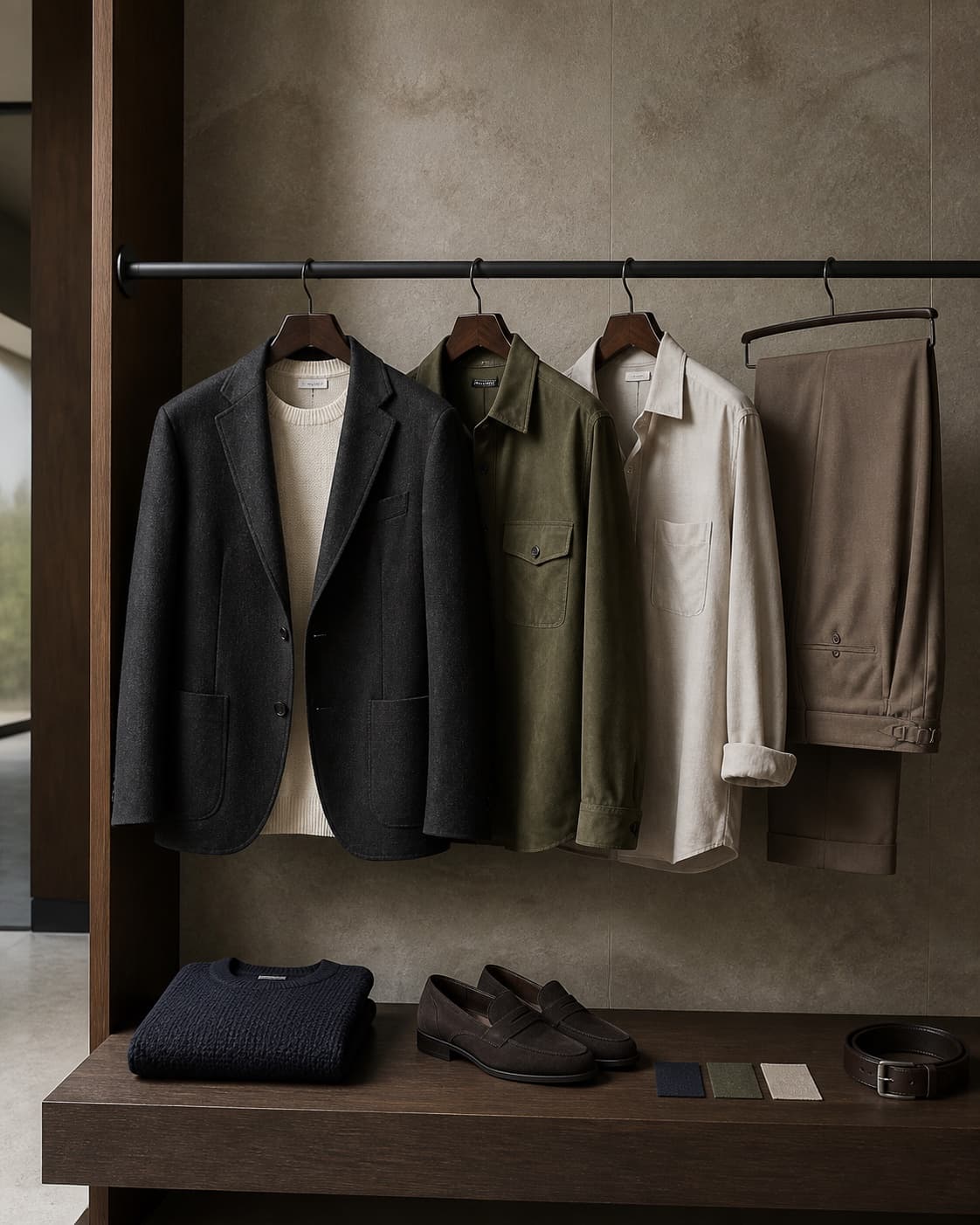 A considered menswear wardrobe combining tailoring, an overshirt, knitwear, trousers, and loafers