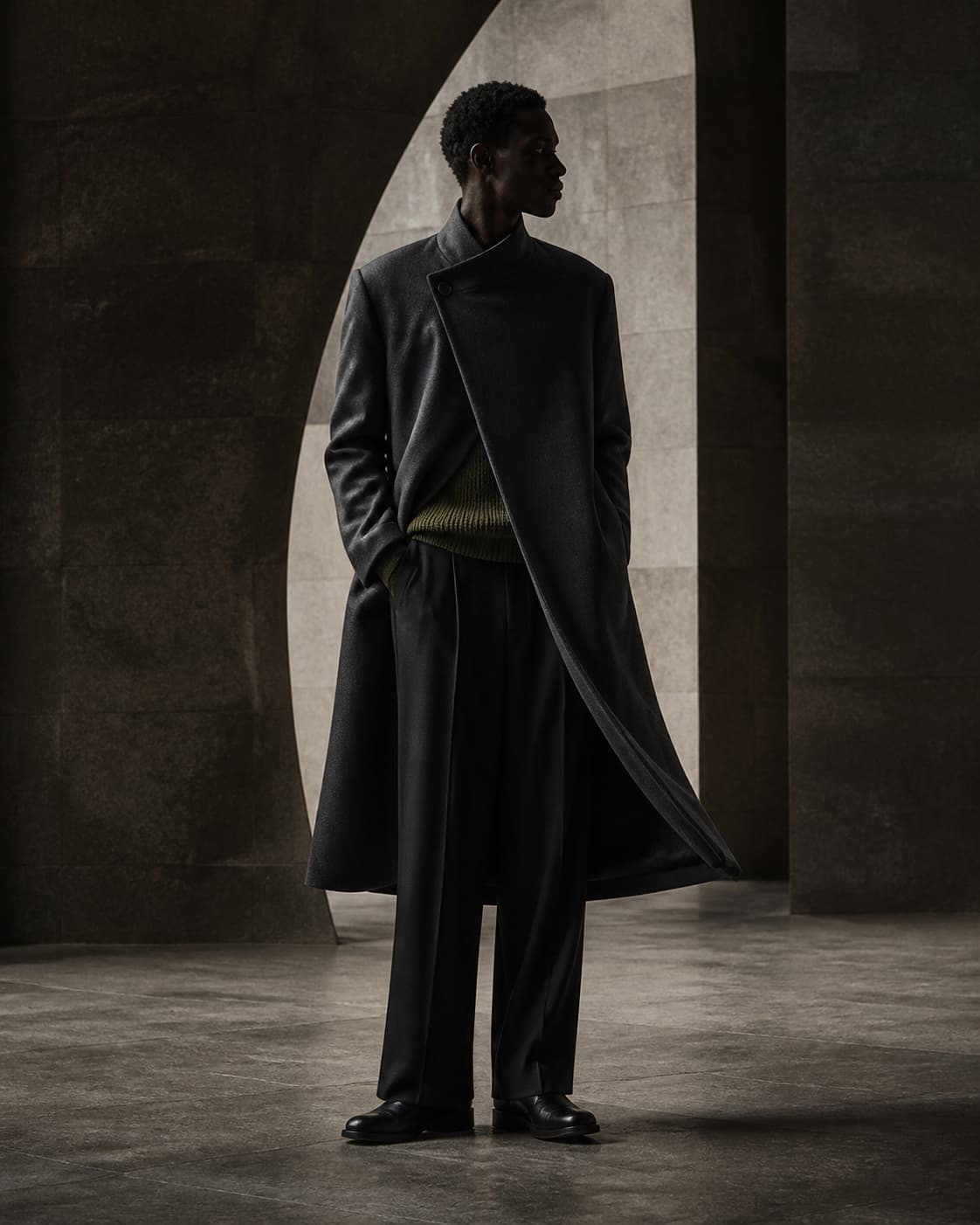 A sculptural menswear silhouette in a dark architectural gallery